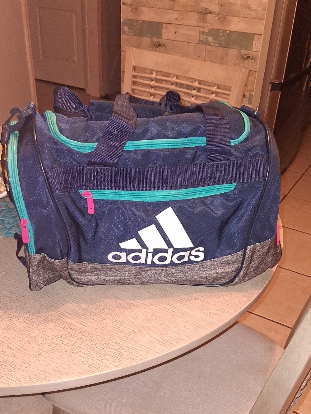 adidas Navy Duffel Bag with Teal , Pink, Gray Accents